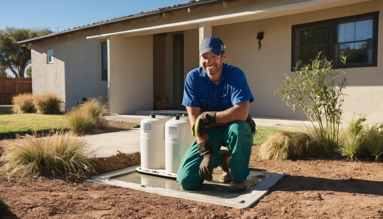 Friendly septic provider checking a tank lid in the yard of a stucco ranch home in Oakland