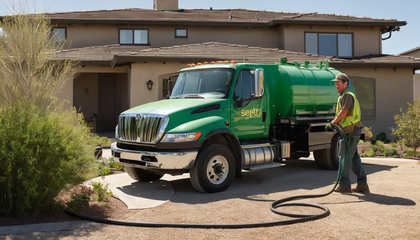Friendly septic provider pumping a tank beside a stucco ranch home in Oakland