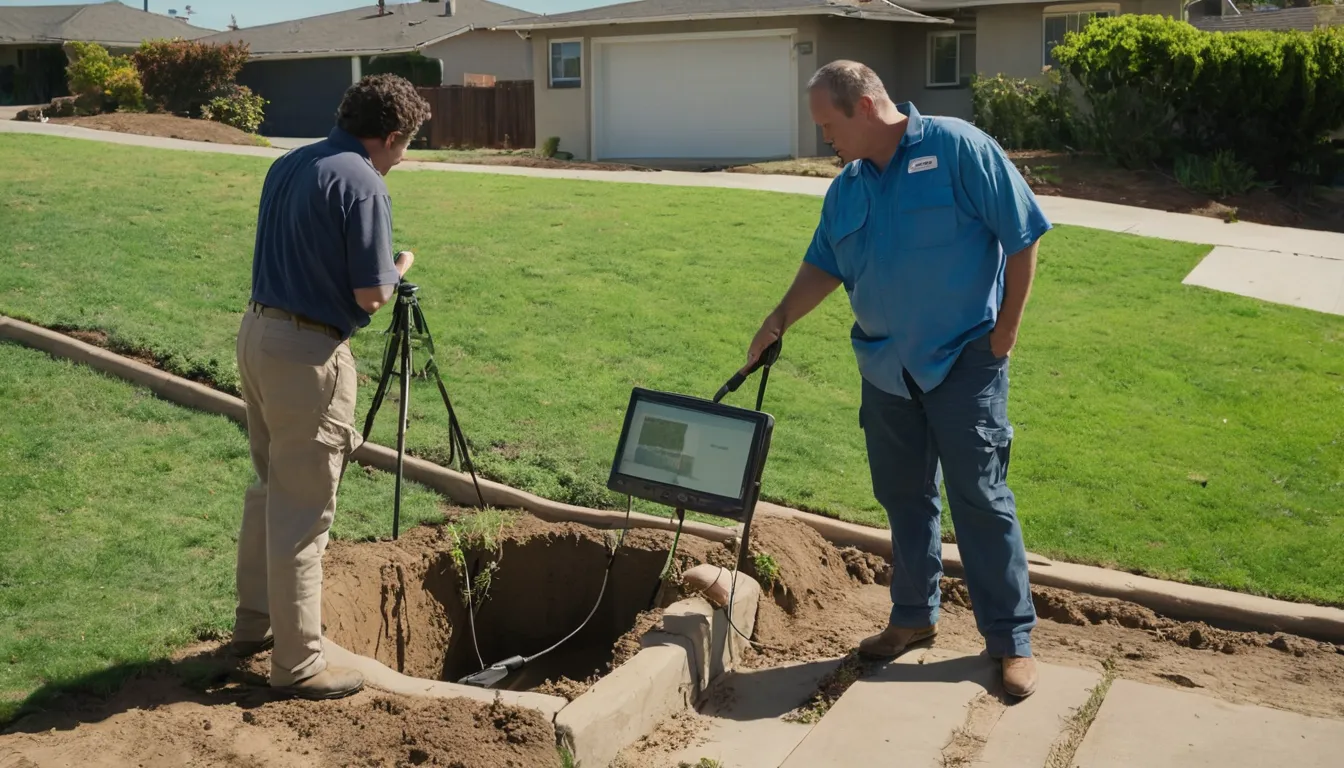 Provider reviewing a sewer line camera inspection with a homeowner in a Oakland yard